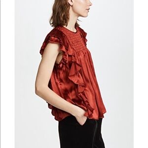 Ulla Johnson Winnie Blouse Silk Ruffle Rust Flowy Size 4 Smocked Blouse Flutter‎